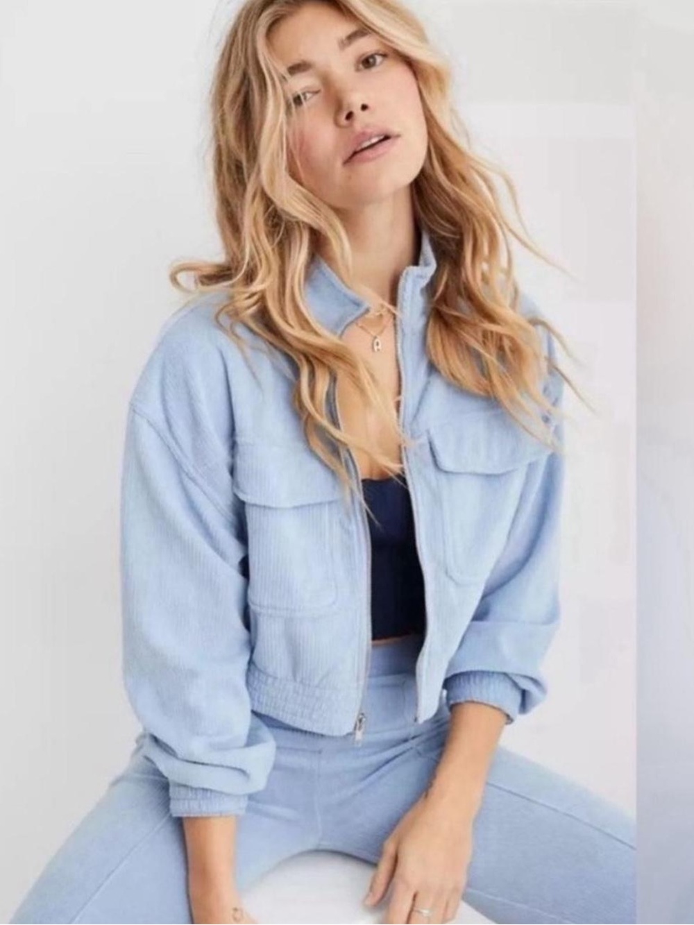 Aerie Groove On Corduroy Velour Cropped Jacked Size XS Baby Blue